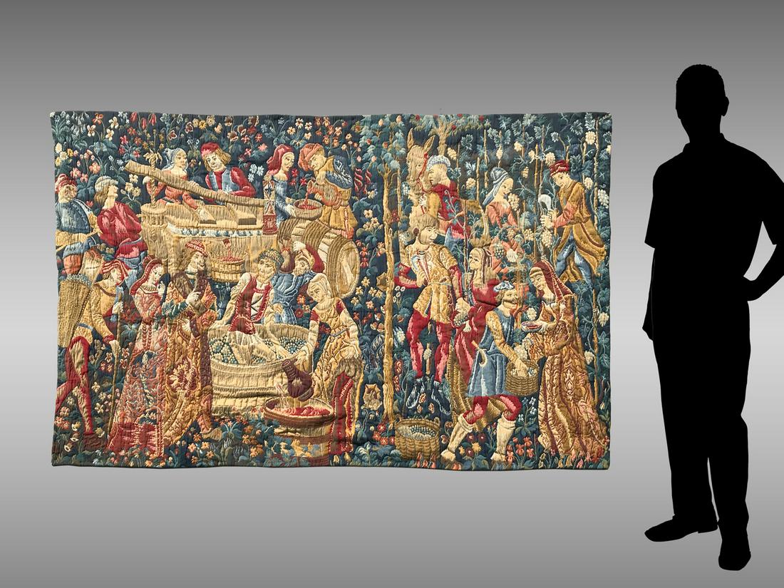 BELGIAN SCENIC TAPESTRY: BELGIAN SCENIC TAPESTRY: Large Belgian tapestry, having a figural wine making scene. Sleeve at verso for hanging pole. Approx. 53'' h x 89'' l.