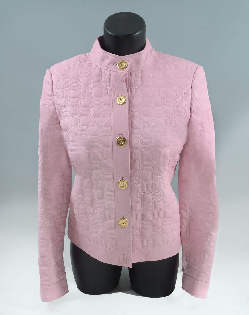 NEVER WORN PINK LEATHER-PINK JACKET ST. JOHN: NEVER WORN PINK LEATHER-PINK JACKET ST. JOHN: Gorgeous pink leather St John quilted jacket - still with tags on it showing $1495 sale price! Mandarin collar, 2 side slit pockets and 6 gold button clos