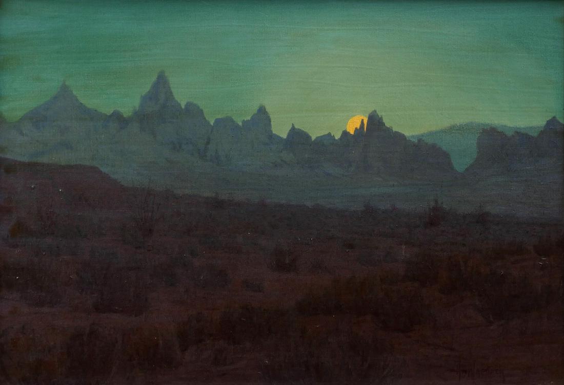 H. B. WAGONER PAINTING ''WHILE THE DESERT SLEEPS'': WAGONER, Harry, (American, 1889-1950): ''While the Desert Sleeps, 1937'', Oil/Canvas, 18'' x 26'', signed lower right, titled on the stretcher and dated verso, dedicated to David Mitchell, encase in o