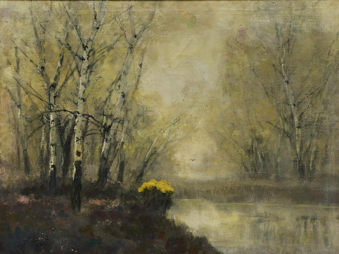 KEZDI-KOVACS MISTY RIVER PAINTING: KEZDI-KOVACS, Laszlo, (Hungarian, 1864-1942): Misty River Landscape, Oil/Canvas, 23" x 31", signed lower left, framed, 27.5" x 35.25".
