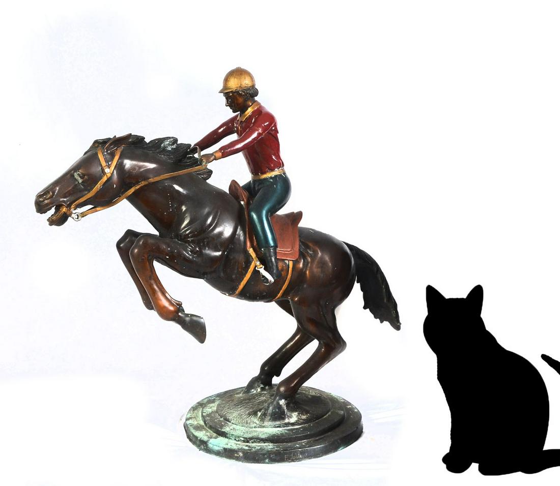 LARGE DECORATIVE HORSE AND JOCKEY BRONZE: LARGE DECORATIVE BRONZE HORSE AND JOCKEY OUTDOOR SCULPTURE, 36'' in height.
