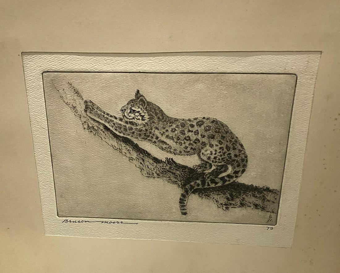 BENSON BOND MOORE ETCHING "TIGER CAT": MOORE, Benson Bond, (American, 1882-1974): "Tiger Cat", etching, 7" x 8.75" with margins, signed in pen lower left, titled below, edition of 75, original label affixed to the matte, overall measuremen