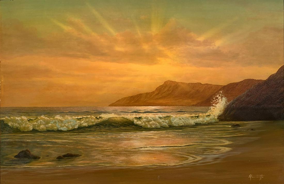 RAY MORISSETTE COASTAL SURF PAINTING WITH SUNSET: MORISSETTE, Ray, (American, 20th C.): Coastal Surf Painting With Sunset, Oil/Masonite, signed lower right Morissette, 24" x 36", framed, 31" x 42".