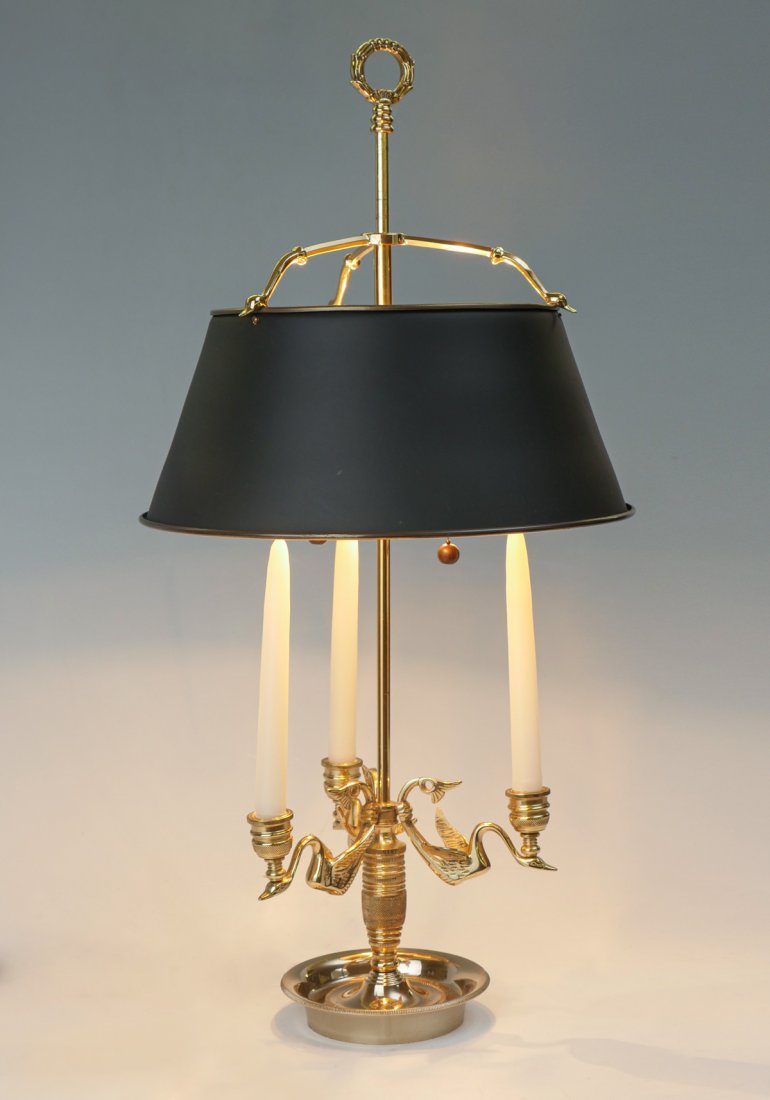 SPEER FINE LIGHTING BRASS 3 CANDLE LAMP: SPEER FINE LIGHTING BRASS 3 CANDLE LAMP: Brass Speer 2-light lamp, having 3- scrolling swan form arms with candles holders. Metal shade. Also included is an extra wreath form finial. Approx. 27.25" h 
