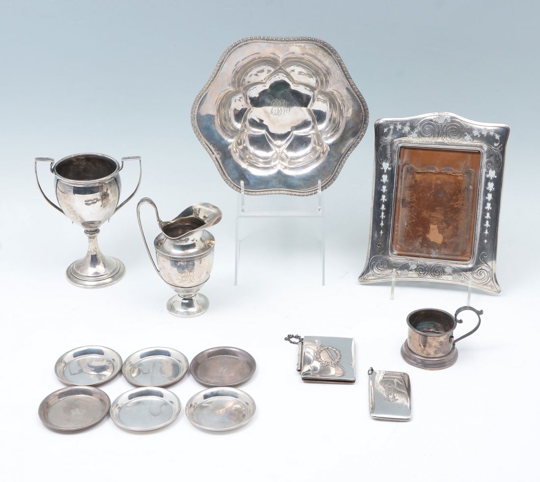 13 PC. STERLING SILVER COMMEMORATIVE ITEMS: 13 PC. STERLING SILVER COMMEMORATIVE ITEMS & OBJECTS OF VIRTUE: Approx. 34.99 Troy ounces. Comprising; 1- Black, Starr, & Frost Sterling trophy cup. 1- Whiting Silver bowl, monogrammed. 1- Tiffany fra