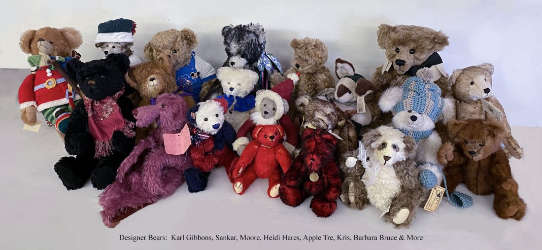 LARGE ASSORTMENT OF HIGHLY COLLECTIBLE DESIGNER BEARS: LARGE ASSORTMENT OF HIGHLY COLLECTIBLE DESIGNER BEARS: Karl Gibbons, Sankar, Moore, Heidi Hares, Apple Tree, Kris Barbara Burke Neysa Pink Panther Anne Carle.