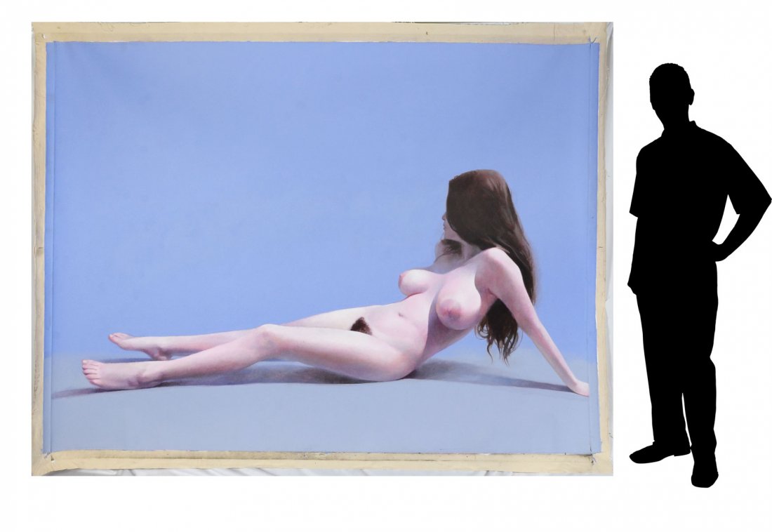 MARTIN HOFFMAN PLAYBOY PLAYMATE TOBY RECLINING: HOFFMAN, Martin Joseph, (American, 1935-2013): Playboy Playmate Toby Reclining Nude, Unstretched Oil/Canvas, painted surface approx. 71" x 98", signed verso.