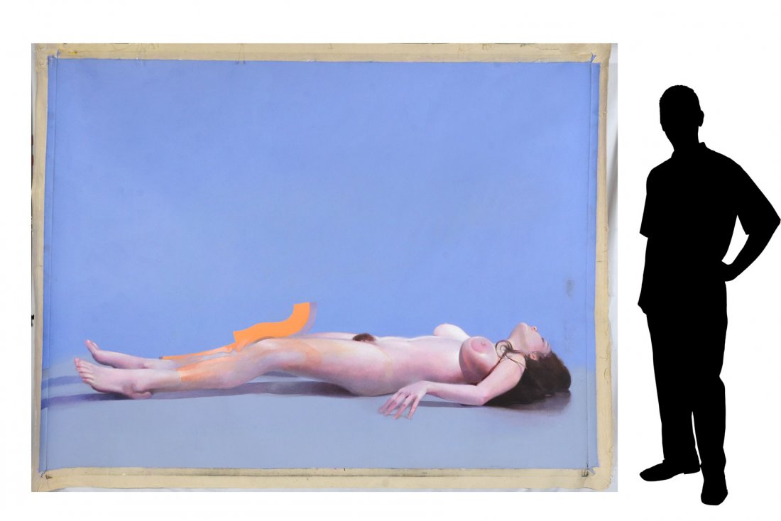 MARTIN HOFFMAN PLAYBOY "TOBY" NUDE PAINTING: HOFFMAN, Martin Joseph, (American, 1935-2013): Toby Playboy Playmate Lying Down, Unstretched Oil/Canvas, painted surface approx. 71" x 98", signed verso.