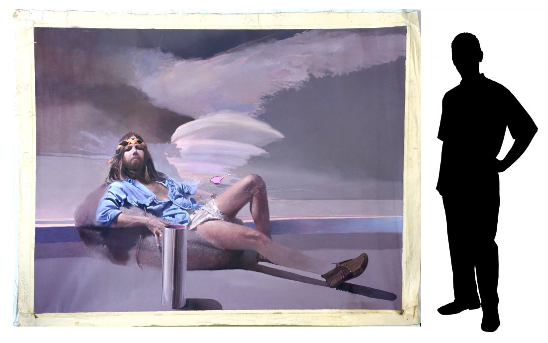 MARTIN HOFFMAN PAINTING "EVERYTHINGS FOREVER": HOFFMAN, Martin Joseph, (American, 1935-2013): ''Everything's Forever'', artist self portrait seated in a surreal landscape, Unstretched Oil/Canvas, 71'' x 95'', no visible signature.