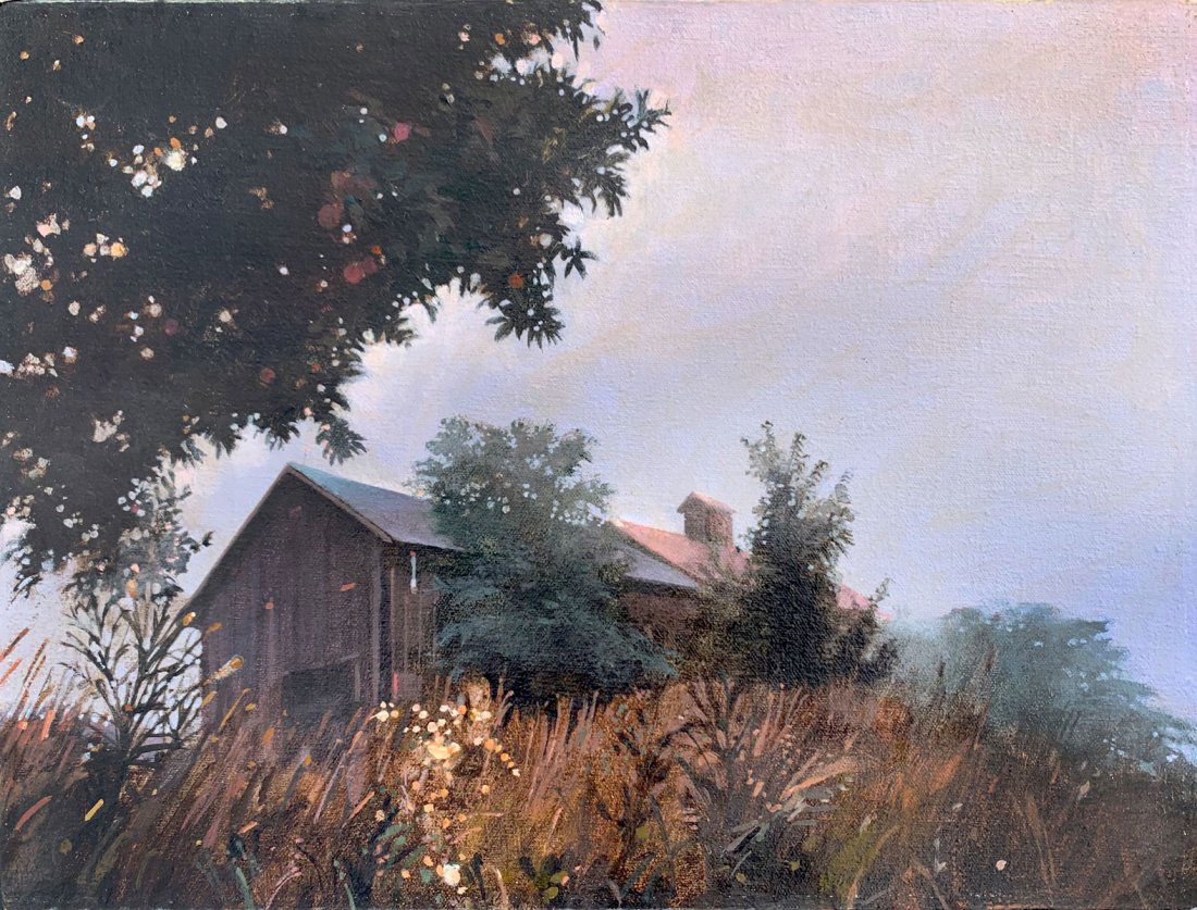 MARTIN HOFFMAN COUNTRY BARN PAINTING: HOFFMAN, Martin Joseph, (American, 1935-2013): Landscape with Country Barn, Oil/Canvas, 12" x 16", signed and dedicated to Randall from Martin, dated `76 verso, unframed.