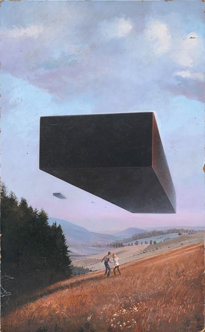 MARTIN HOFFMAN ILLUSTRATION PAINTING FOR "VISITORS": HOFFMAN, Martin Joseph, (American, 1935-2013): "Visitors," an Illustration for Ballantine Books, Oil/Board, 29.25" x 18", signed and titled verso, unframed.