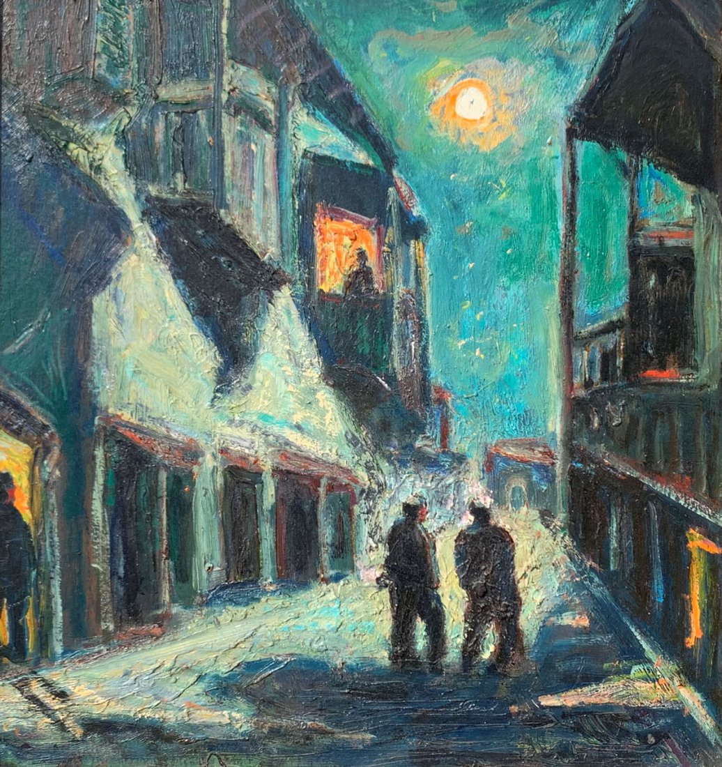 S B PRATT PAINTING "AFTER MIDNIGHT": PRATT, Samuel Baldwin, (American 1903-1999): "After Midnight", Oil/Board, 20" x 18.25", signed verso and dated 1947, artist label affixed verso, original painted frame, 23.25" x 21.5".