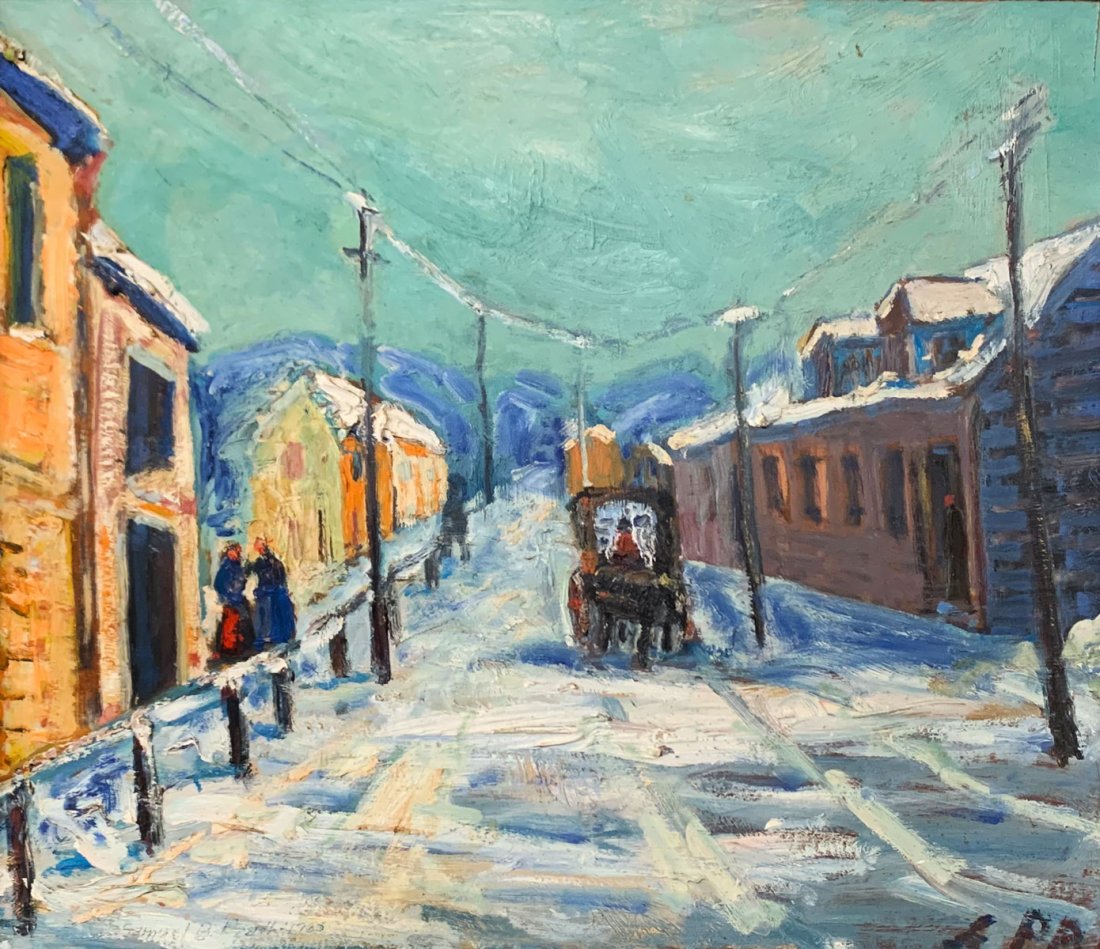 S. B. PRATT PAINTING "WINTER TOWN": PRATT, Samuel Baldwin, (American, 1903-1999): "Winter Town", Oil/Masonite, 22.5" x 26", monogramed lower right, signed lower left, dated 1965, label affixed verso, original frame, 29.5" x 33.5".