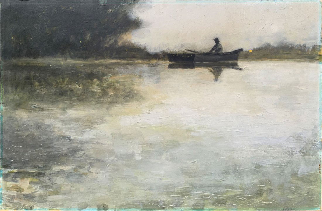 MARTIN HOFFMAN ROWBOAT PAINTING: HOFFMAN, Martin (US, 1935-2013): Somber Painting with Man Sitting in Rowboat at Dusk, Oil Board, 18.25" x 28.25", unsigned and unframed.