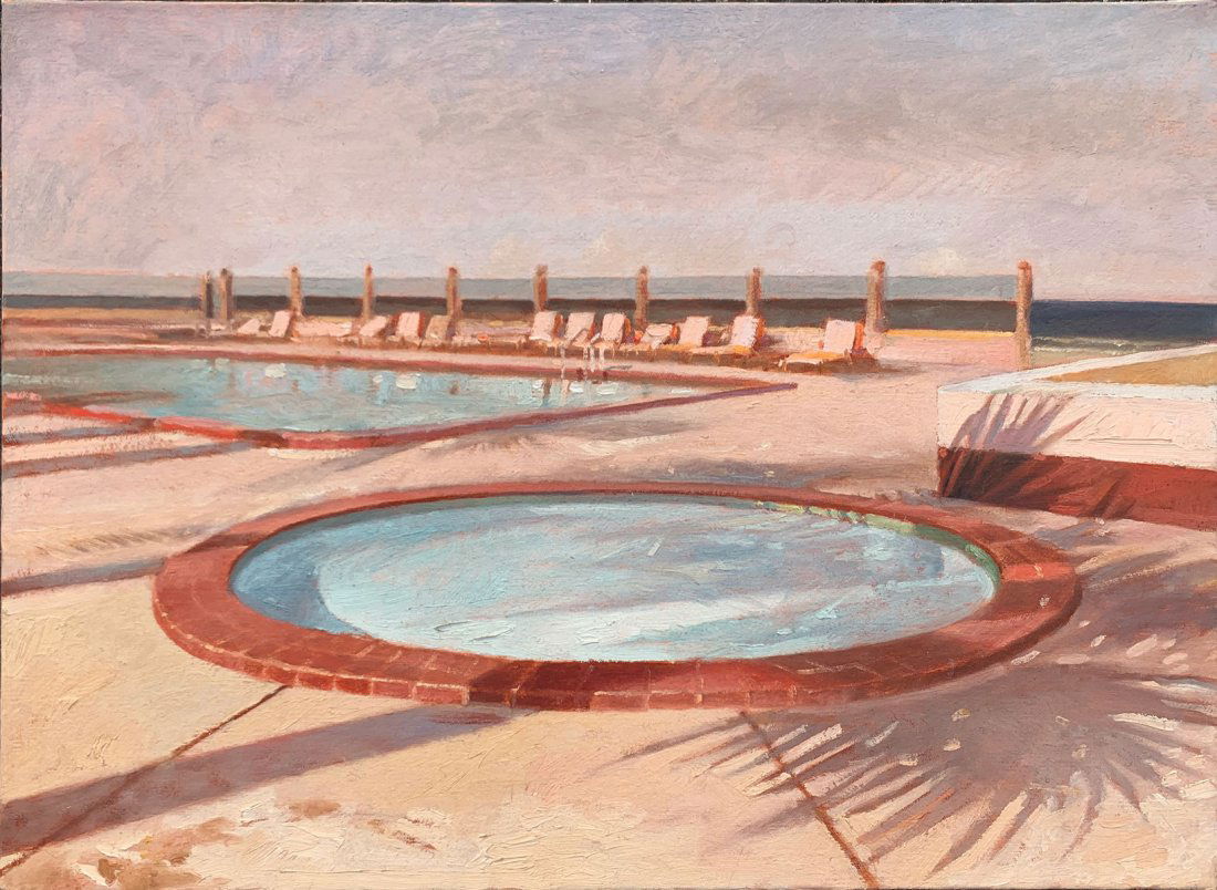 MARTIN HOFFMAN PAINTING "SUN DIP": HOFFMAN, Martin Joseph, (American, 1935-2013): "Sun Dip" Depicts a Coastal Resort, Oil/Canvas 16" x 22", signed and titled verso dated 91', unframed.