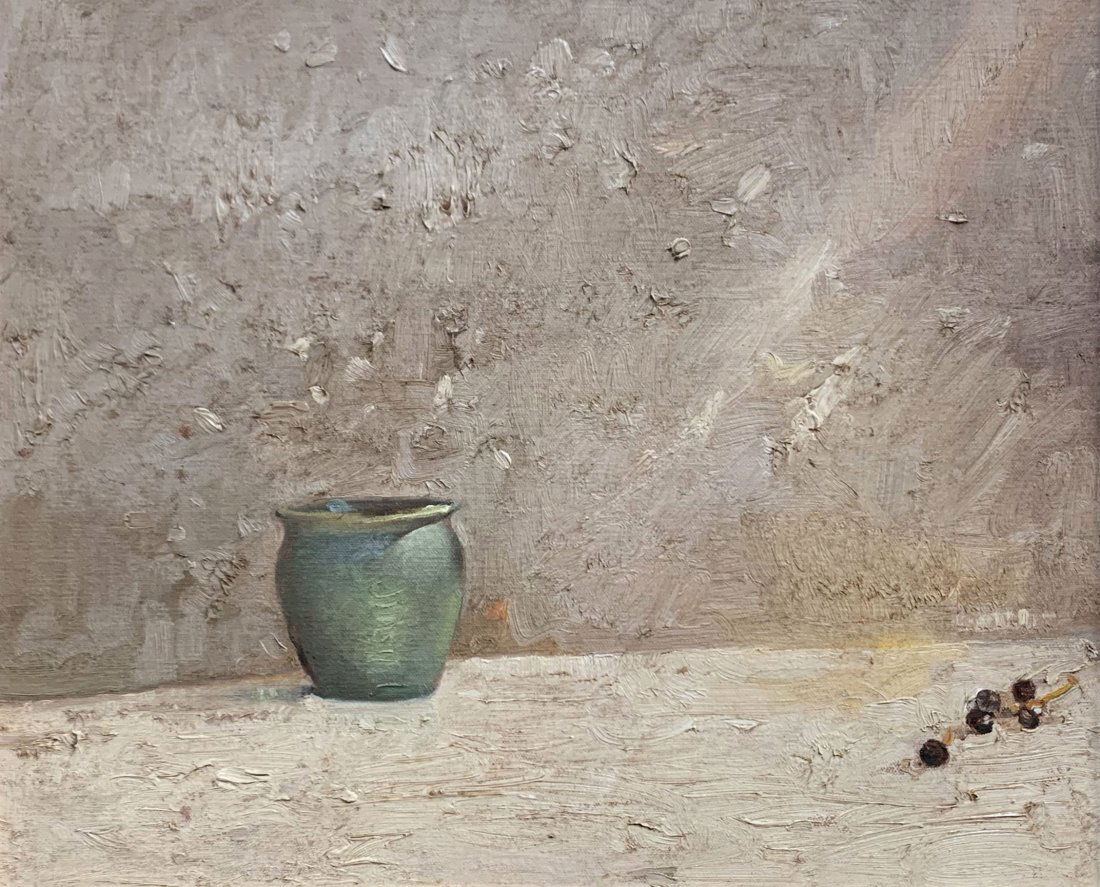 MARTIN HOFFMAN PAINTING "JAR AND BERRIES": HOFFMAN, Martin Joseph, (American, 1935-2013): "Jar and Berries", Oil/Canvas, 15" x 17", signed and titled verso, framed, 18.5" x 21.5".