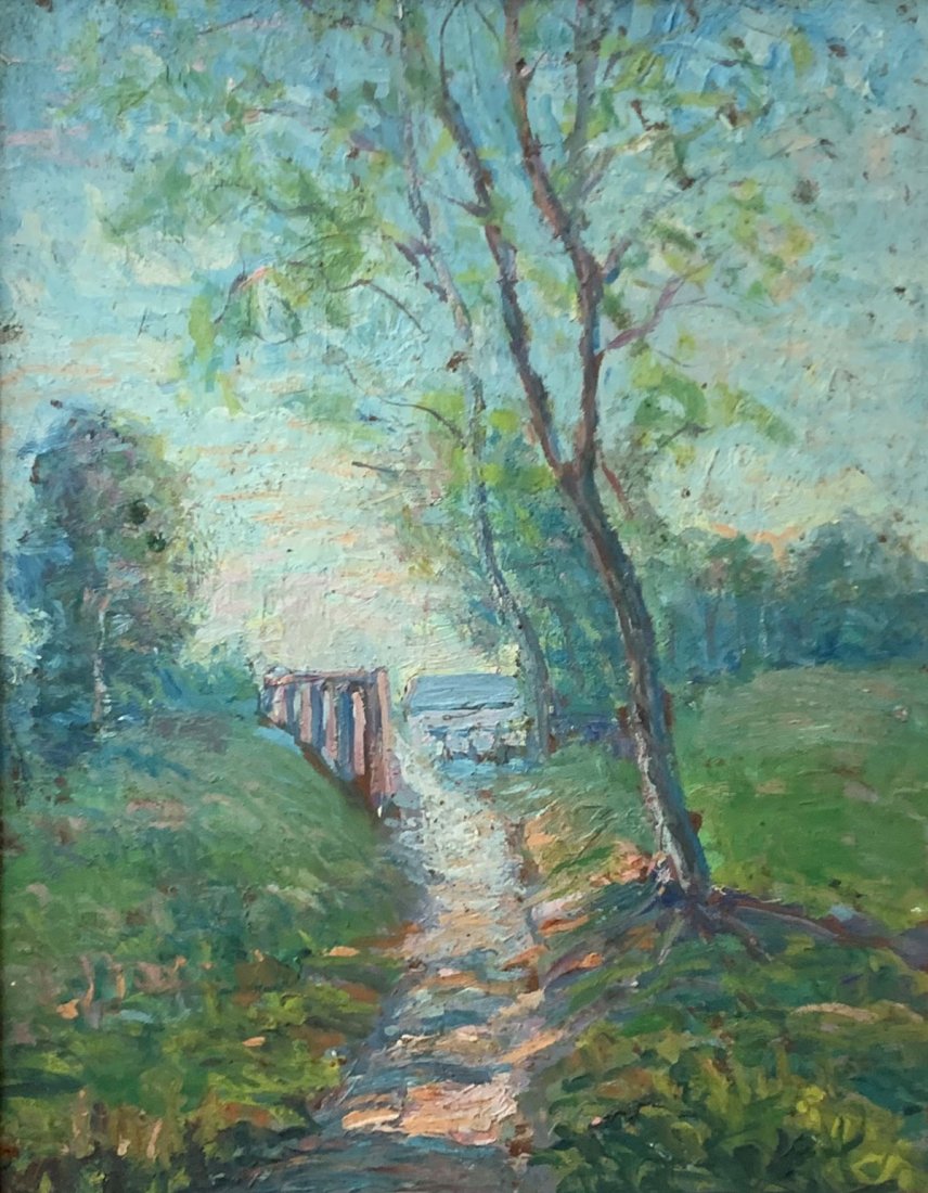 S. B. PRATT "THE PATH" PAINTING: PRATT, Samuel Baldwin, (American, 1903-1999): "The Path" 1931, Oil/Masonite, 13" x 10", titled and dated 1931 verso, affixed original artist card, framed, 18.25" x 15.5".