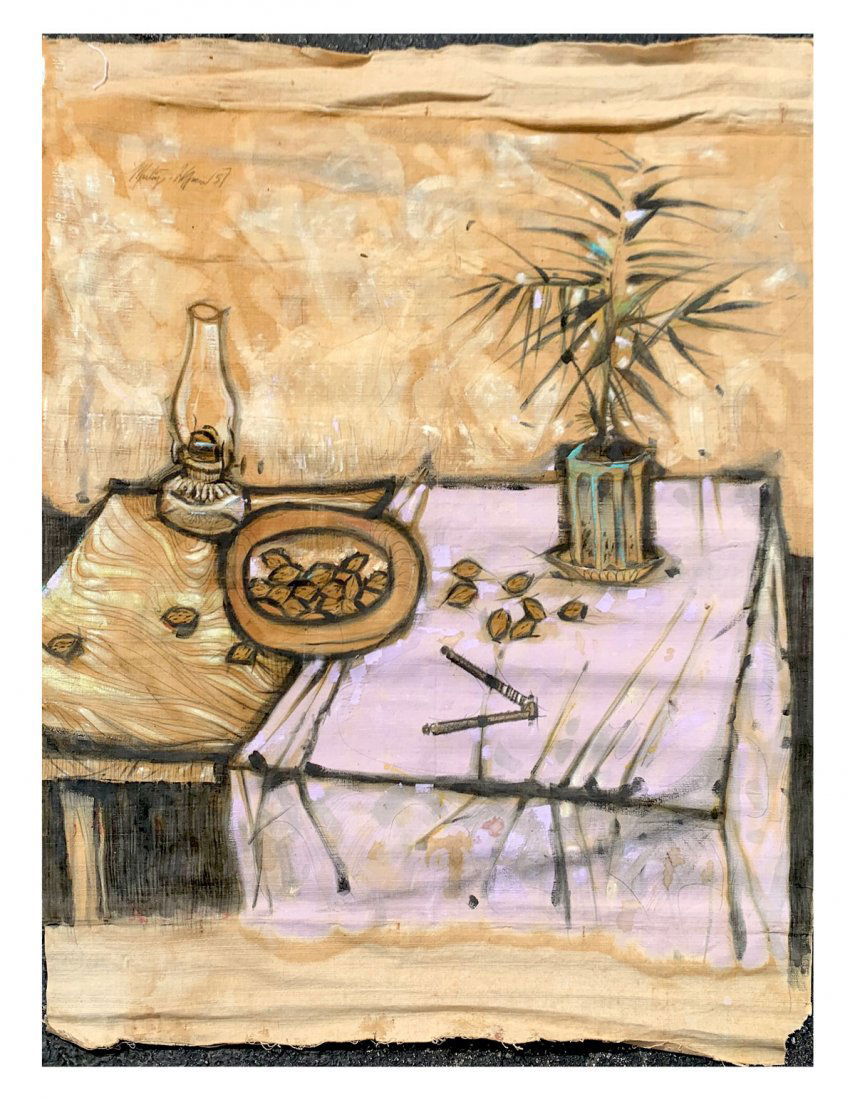 LARGE MARTIN HOFFMAN TAPESTRY STILL LIFE PAINTING: HOFFMAN, Martin Joseph, (American, 1935-2013): Tabletop Still Life with Lamps, Walnuts and plant in a Flowerpot Bernard Buffet Style, Oil/Fabric, painted dimension 44.5" x 47", signed upper left dated