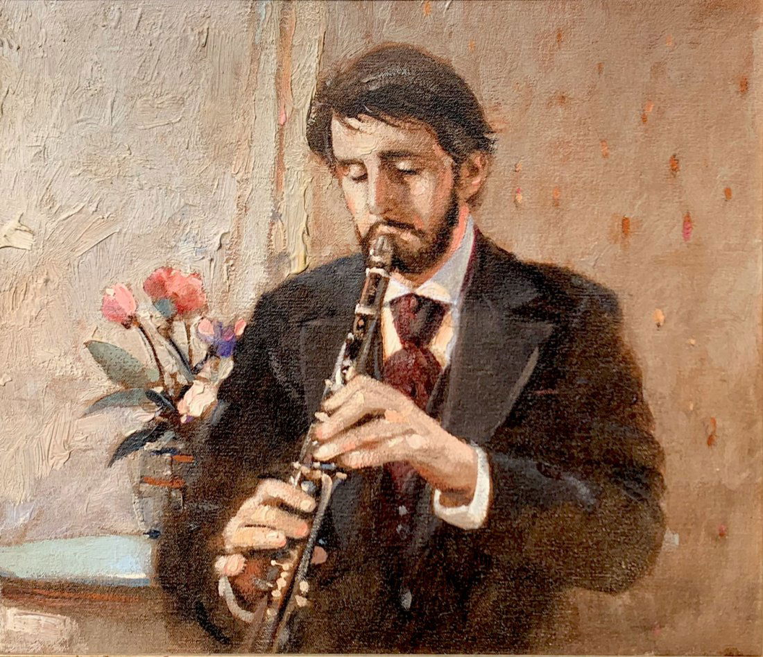 MARTIN HOFFMAN PAINTING "CLARINET PLAYER": HOFFMAN, Martin Joseph, (American, 1935-2013): "Clarinet Player", Oil/Canvas, 15" x 17", signed verso, marked NYC, framed, 19.5" x 21.5".