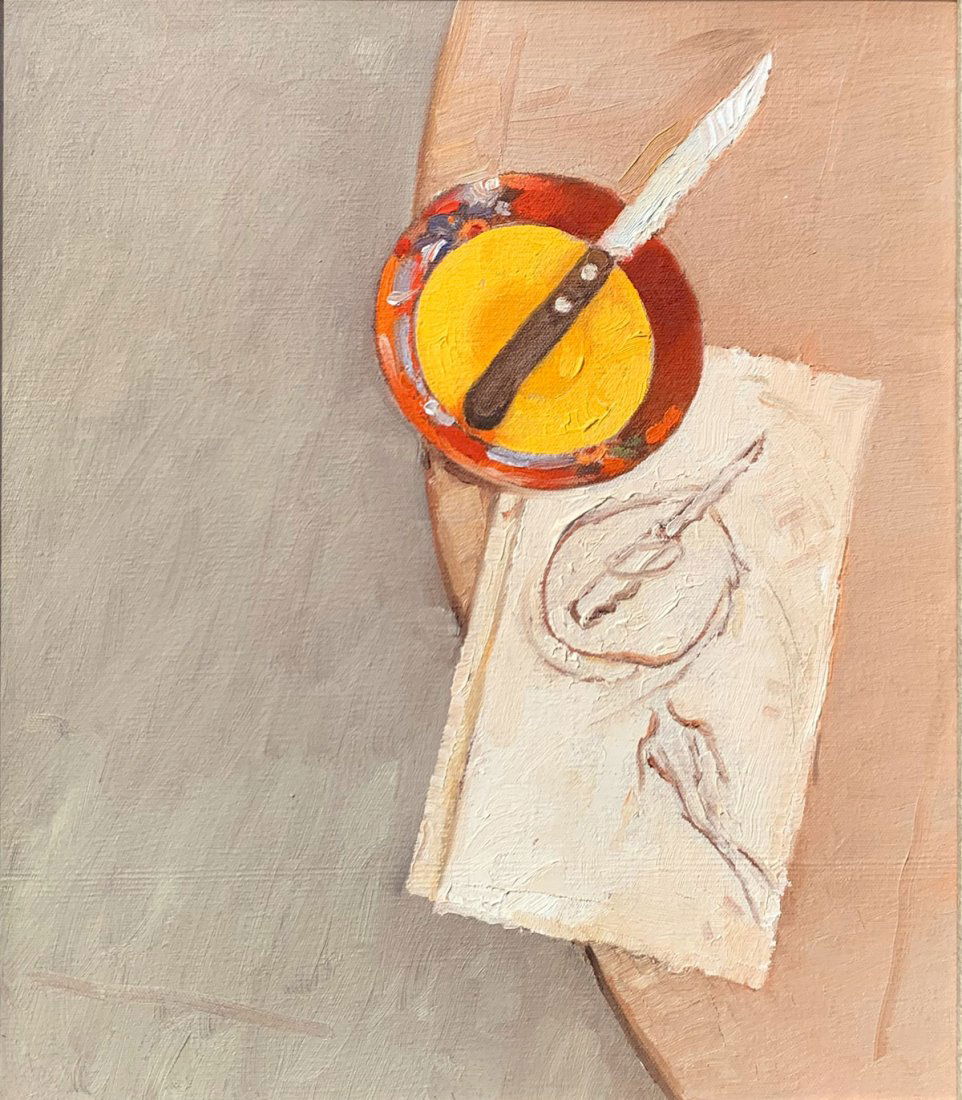 MARTIN HOFFMAN PAINTING "KNIFE DRAWING": HOFFMAN, Martin Joseph, (American, 1935-2013): "Knife Drawing", Oil/Canvas 15" x 13", singed and titled verso, framed, 17.5" x 16".