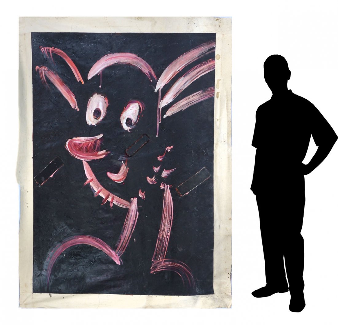 LARGE MIXED MEDIA MARTIN HOFFMAN CARTOON FACE: HOFFMAN, Martin Joseph, (American, 1935-2013): Pink Smiling Cartoon Face on Black Background, Oil/Canvas with collage, painted surface size 77.5" x 54", monogrammed lower right.