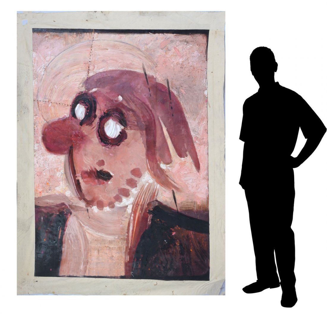 LARGE MARTIN HOFFMAN PINK CARTOON PORTRAIT: HOFFMAN, Martin Joseph, (American, 1935-2013): Pink Cartoon Character portrait, Unstretched Oil/Canvas, painted surface 77.5" x 54", monogrammed lower right.