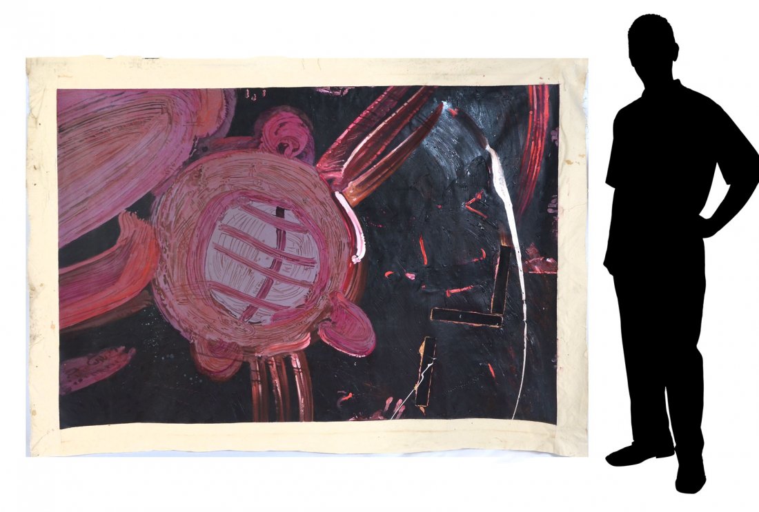 LARGE MARTIN HOFFMAN MIXED MEDIA CARTOON PAINTING: HOFFMAN, Martin Joseph, (American, 1935-2013): Screaming Pink Cartoon Face, Mixed Media Unstretched Oil/Canvas Collage, painted surface 78" x 54".