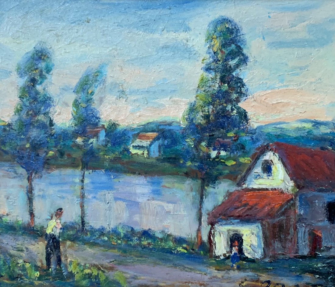 S. B. PRATT PAINTING "COTTAGE BY THE RIVER": PRATT, Samuel Baldwin, (American, 1903-1999): "Cottage by the River 1968", Oil/Masonite, 8.5" x 10", signed lower right, artist card affixed verso, signed, titled and dated on the frame, frame, 12" x 