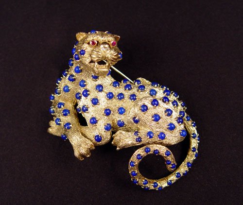 58 grams 14K LAPIS JAGUAR CAT FIGURAL BROOCH