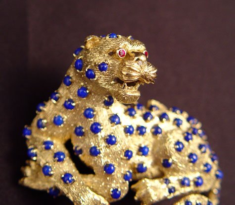 58 grams 14K LAPIS JAGUAR CAT FIGURAL BROOCH - 2