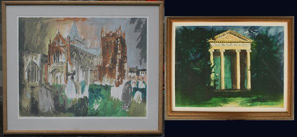 2 JOHN PIPER LITHOGRAPH & AQUATINT: PIPER, John, (British, 1903-1992): 2 piece lot 1) "Ottery St. Mary", unsigned, un-numbered insurance copy Screenprint, sight size 23" x 30", framed 30" x 37 1/2", CCA Galleries authentication verso, f