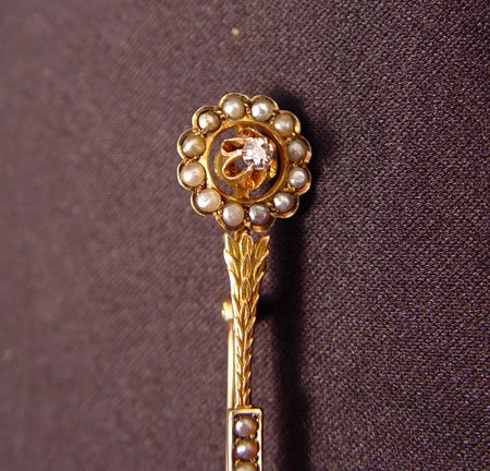 VINTAGE FRENCH PIN SEED PEARL SCEPTER CAMEO GOLD - 3