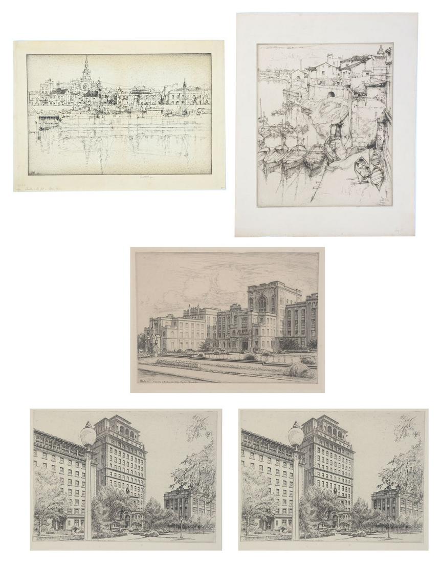 5 ERNEST ROTH ETCHINGS: 5 ERNEST D. ROTH ETCHINGS: 1) "Sevilla-The Port-Spain", an etching depicting Sevilla in 1921, signed and titled in plate lower left and Artist signed and dated 1922 in graphite lower right. 10.5"h x 1