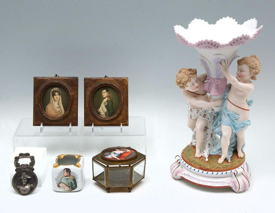 MINIATURE PORCELAIN PLAQUE JEWELRY BOX: INTERESTING MULTI PIECE LOT: 1) Miniature Porcelain Plaque Jewelry box - reclining Josephine, Oval Plaque 2.5'' x 2.75'`, 6 beveled glass sides, 2 missing feet, 3'' h, 4.5'' w. 2) Napoleon cup, 2 fram