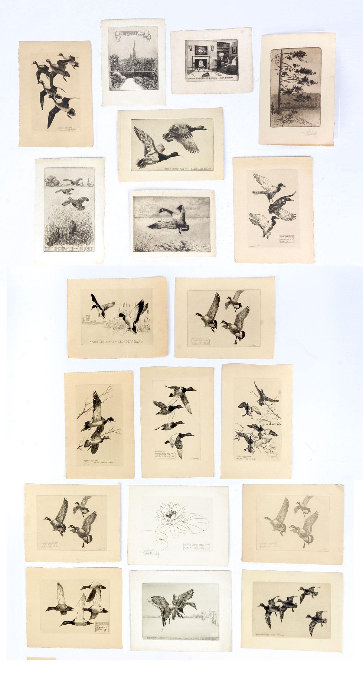 19 RICHARD BISHOP GREETING CARDS AND ETCHINGS: 19 RICHARD BISHOP GREETING CARDS AND ETCHINGS: From the Artist Ernest Roth Estate Collection. Roth was known to exchange etchings with other artists as Christmas greetings and tokens of esteem. In thi