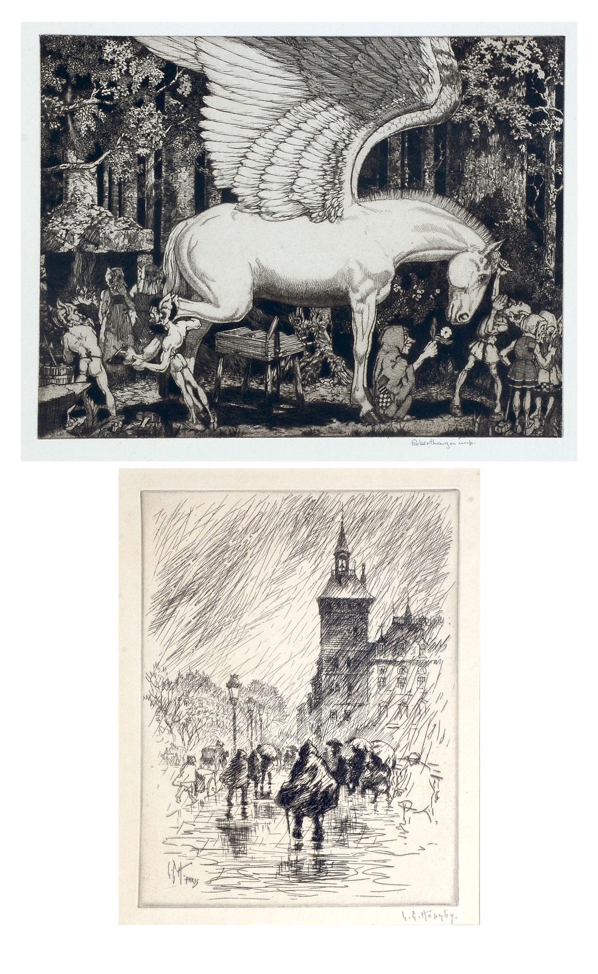 2 IMPORTANT SOCIETY OF ETCHERS WORKS BY ROBERT LAW: 2 IMPORTANT SOCIETY OF ETCHERS WORKS BY ROBERT LAWSON AND LESTER HORNSBY: We offer ''We Fix Flats'' an etching by Robert Lawson depicting Pegasus being shod in the deep forest by a grouping of elves w
