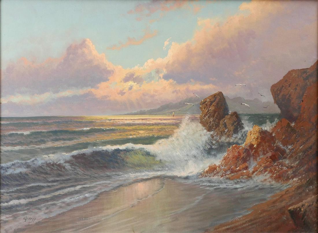 FRANZ WALDEGG SUNLIT COASTAL PAINTING: WALDEGG, Franz, (Austrian, 1888-1966): Sunlit Coast with Surf Crashing, Oil/Canvas, 23.75'' x 31.5'', signed lower left, framed, 30'' x 37.5''.