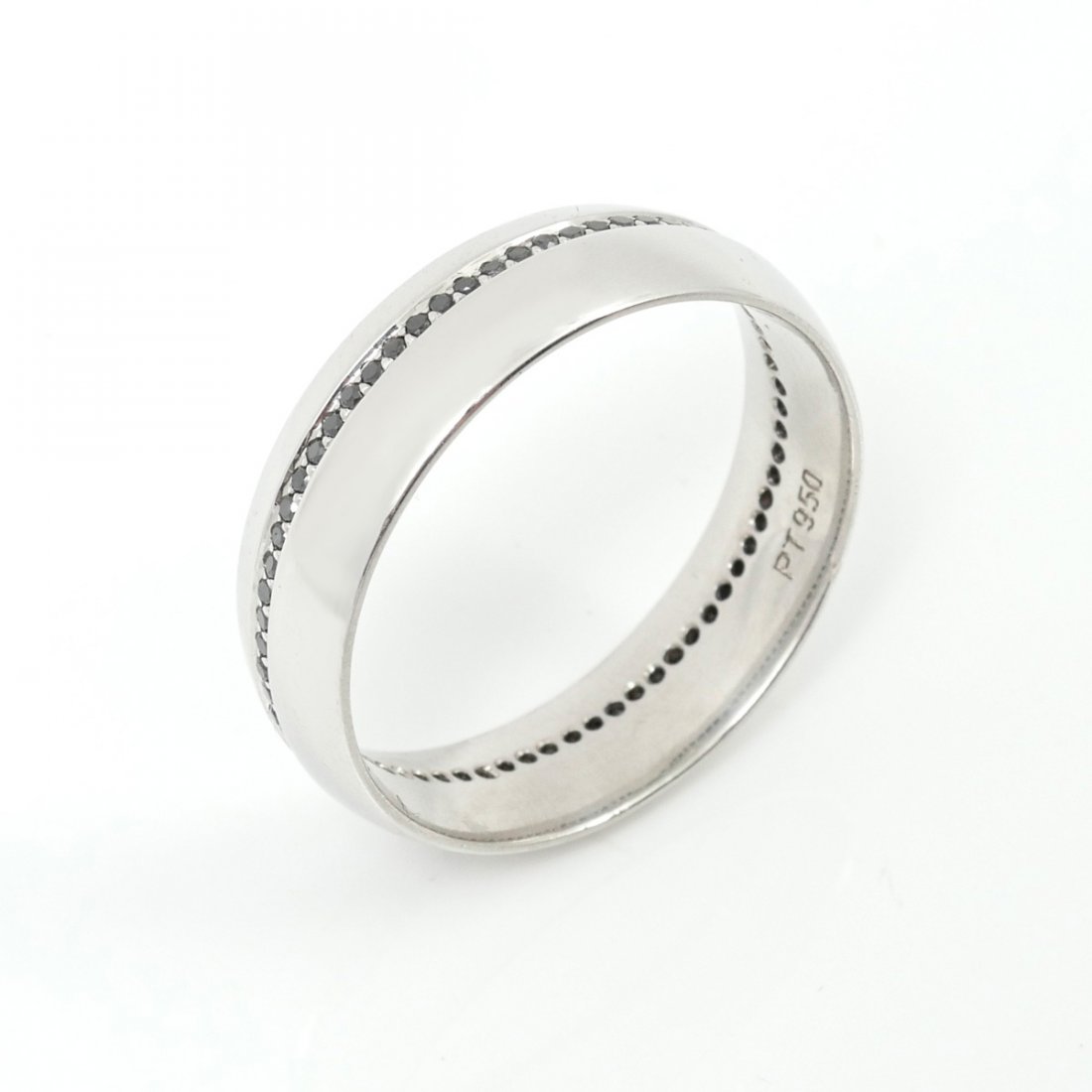 PLATINUM BAND WITH BLACK DIAMONDS: PLATINUM BAND WITH BLACK DIAMONDS: Platinum semi dome band is set with natural black diamonds all around. Size 12. Weight 11.8 grams. Well-marked.