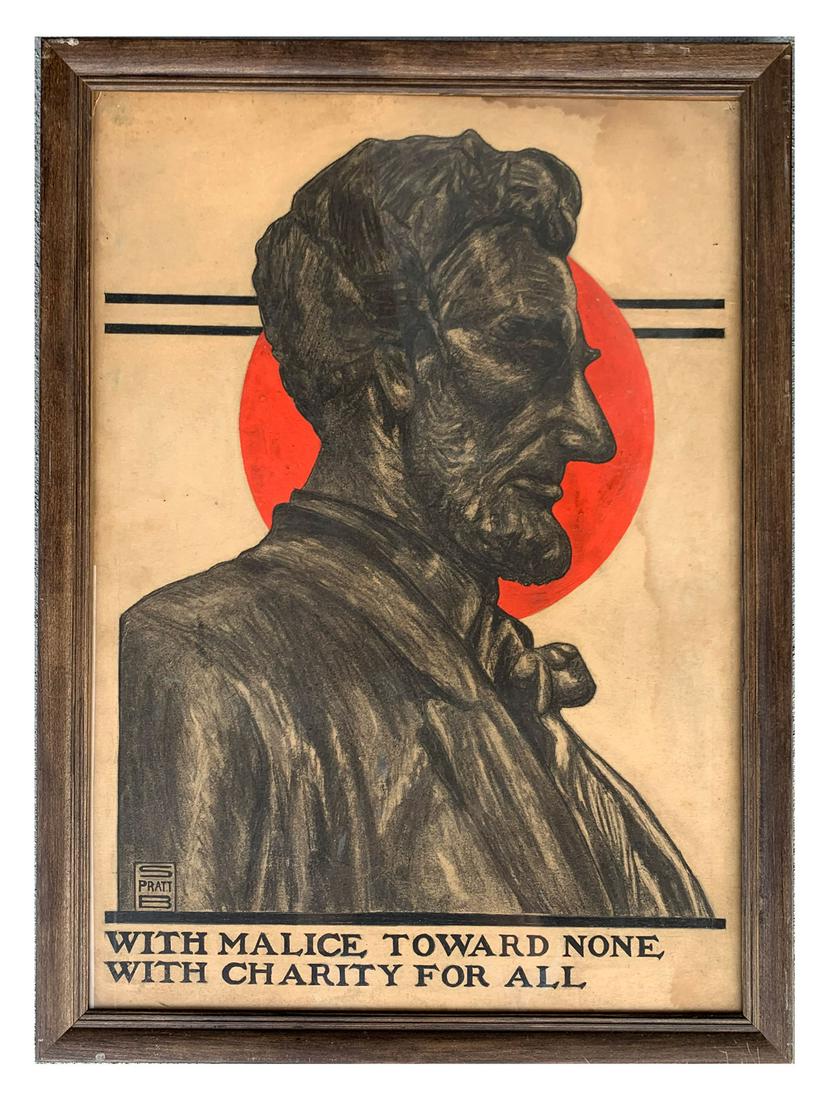 SAMUEL PRATT ''SATURDAY EVENING POST COVER": PRATT, Samuel, (American, 1903-1999): "Saturday Evening post Cover", a profile of Abraham Lincoln titled "With Malice Towards None and Charity for All". Mixed media, 27.5" x 19.5", signed lower left a