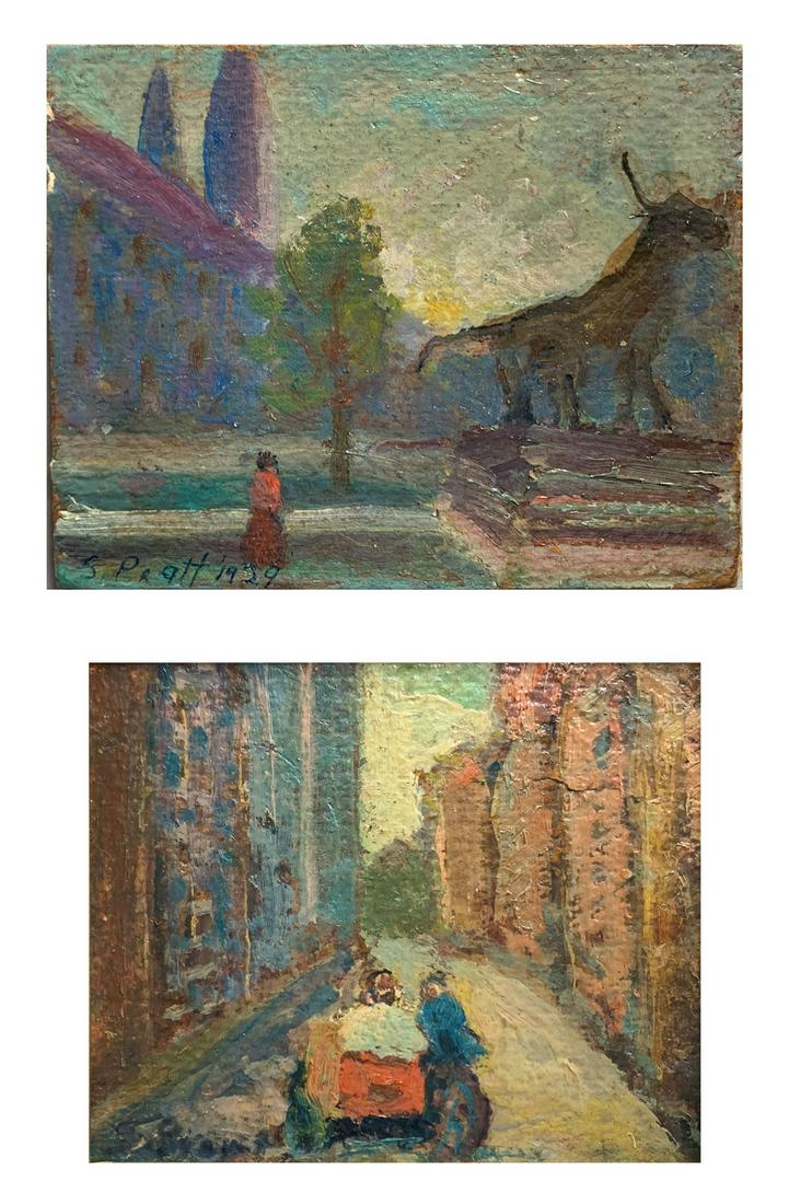 2 PIECE SAMUEL PRATT PAINTING LOT: PRATT, Samuel, (American, 1903-1999): 2 piece painting lot to include: 1) A very old painting title ''Left Handed Side Car'', Oil on Board, 3.75'' x 5'', signed lower left, original artist label affix