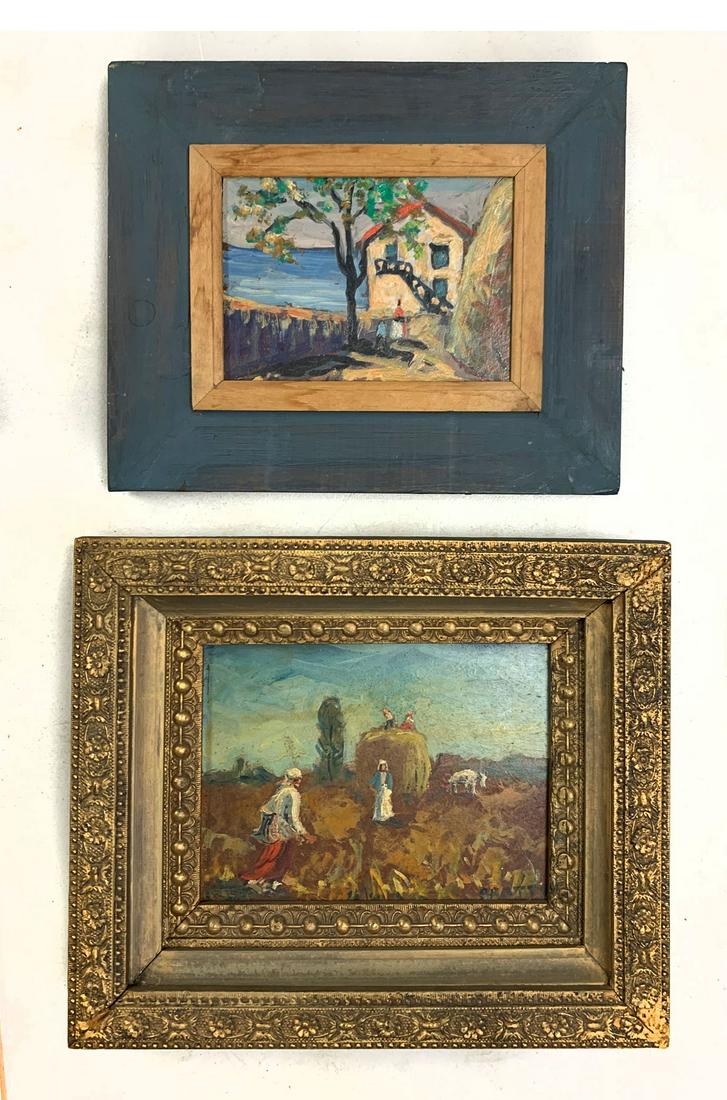 2 PIECE SAMUEL PRATT PAINTING LOT: PRATT, Samuel, (American, 1903-1999): 2 piece painting lot to include: 1) ''Villa By The Sea'', Oil on Masonite, 5'' x 6.5'', signed lower left, artist label affixed verso, titled and dated 1950, arti