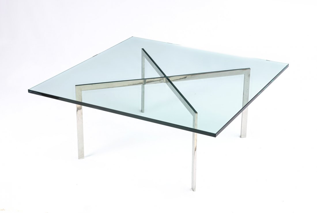 MODERN GLASS TOP CHROME COFFEE TABLE: MODERN KNOLL GLASS TOP CHROME COFFEE TABLE: Mid-Century Modern Knoll coffee table, having a 1'' thick beveled glass top resting in a ''X'-shaped chrome base. Approx. 16.75'' h x 40'' l x 40'' h.