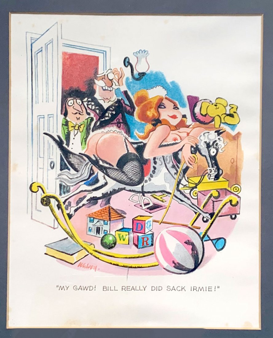 PLAYBOY STYLE ILLUSTRATION BY MASON?: PLAYBOY STYLE ILLUSTRATION BY MASON?: "My Gawd! Bill Really Did Sack Ermie!", Watercolor in Felt Tip Pen, sight size, 9.5" x 7.75", signed lower left, framed, 20" x 16".