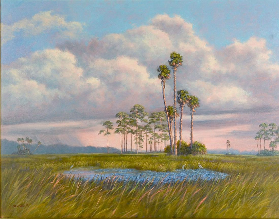 JACKIE SCHINDEHETTE FLORIDA EVERGLADES PAINTING: SCHINDEHETTE, Jackie, (American, 20/21st C.): Florida Everglades with Coming Storm, O/C, 22" x 28", signed lower left, also signed verso and dated 2006, framed, 30" x 36".