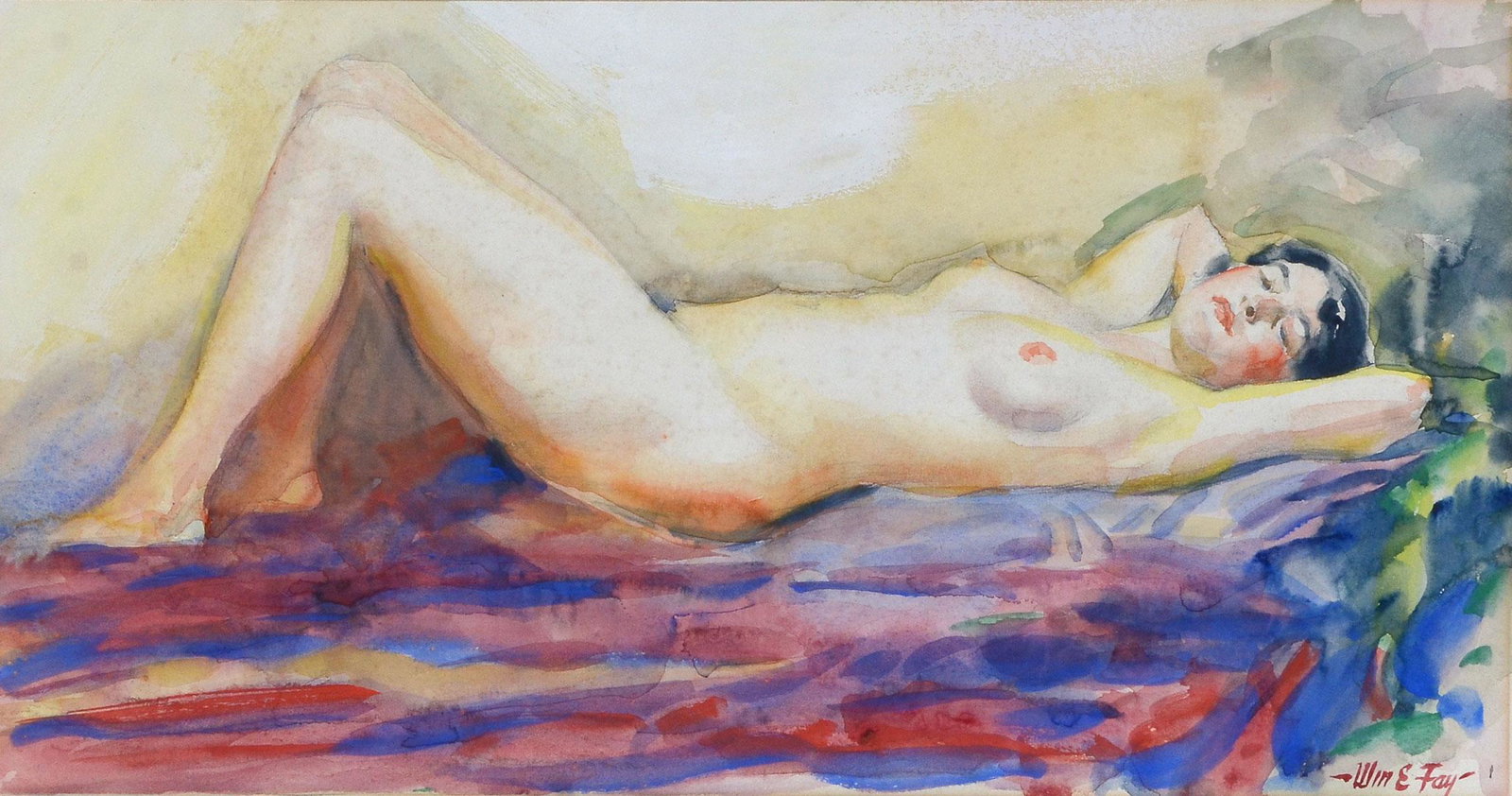 WILLIAM E FAY RECLINING FEMALE NUDE: WILLIAM, Fay, (American, 1882-1967): Reclining Young Female Nude, Watercolor, sight size 9.5'' x 18.25'', signed lower right, framed 16'' x 24.5''.