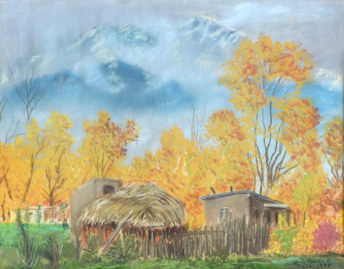 J. H. RICHARDS TAOS PASTEL: J. H. RICHARDS TAOS PASTEL: Upper Ranchitos Taos, Pastel, sight size, 13.5" x 17.5", signed lower right, titled and dated 1985, carved frame, 21.5" x 25".