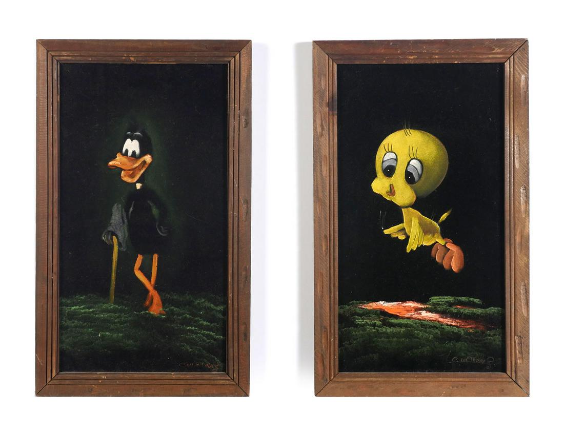 TWO AIRBRUSH ON VELVET PAINTINGS TWEETY AND DAFFY: TWO AIRBRUSH ON VELVET PAINTINGS TWEETY AND DAFFY DUCK: 20'' x 11'', both singed Contreras, framed, 22.5'' x 13.5''.