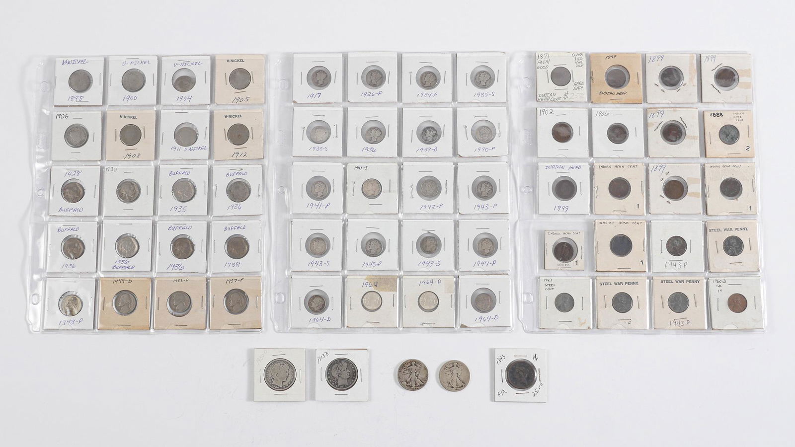 ASSORTED 65 PC. COIN COLLECTION: ASSORTED 65 PC. COIN COLLECTION: Comprising; Walking Liberty Half Dollars, Barber Half Dollars, V-Nickles, Buffalo Nickles, Steel War Pennies, Indian Head Pennies, Mercury Dimes, 1845 Large One Cent,