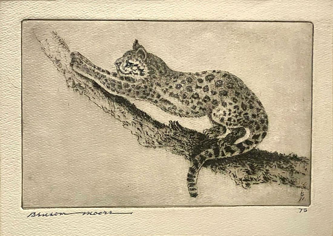 BENSON BOND MOORE ETCHING ''TIGER CAT'': MOORE, Benson Bond, (American, 1882-1974): ''Tiger Cat'', etching, 7'' x 8.75'' with margins, signed in pen lower left, titled below, edition of 75, original label affixed to the matte, overall measur