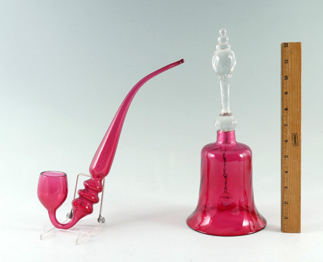 LARGE SANDWICH CRANBERRY GLASS WHIMSEY PIPE & BELL: LARGE SANDWICH CRANBERRY GLASS WHIMSEY PIPE & BELL: Large Cranberry glass Sherlock Holmes pipe, by Sandwich Glass Co. & a large clear handled Cranberry bell. Pipe Approx. 14.5'' l. Bell Approx. 13.25'
